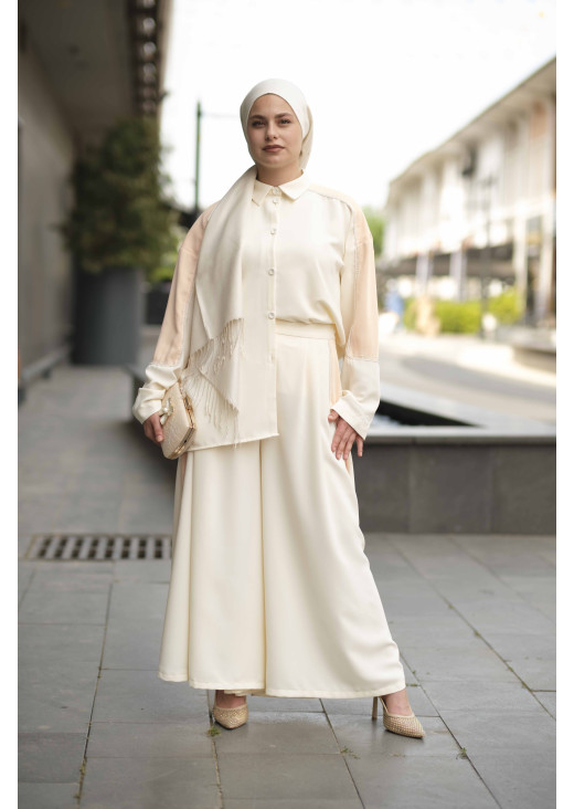 İNCİ VE TAŞ DETAYLI TAKIM-EKRU/SOMON