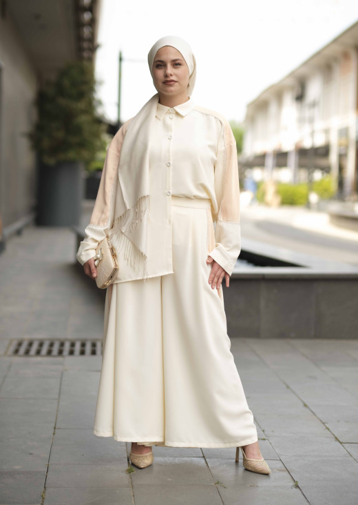 İNCİ VE TAŞ DETAYLI TAKIM-EKRU/SOMON