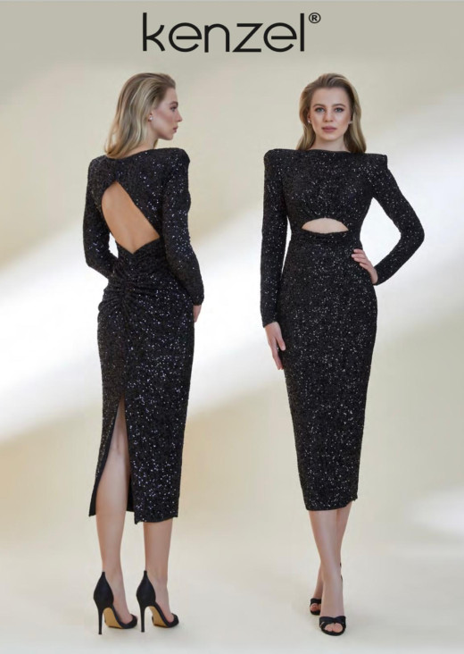 KENZEL SİYAH PAYETLİ MİDİ BOY ABİYE